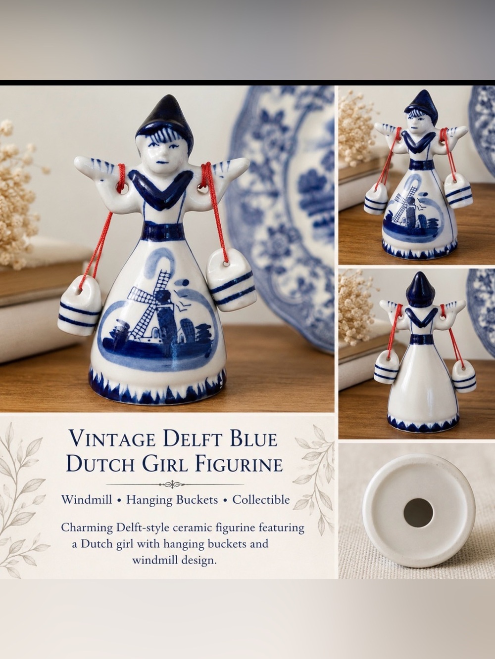Vintage Delft Blue & White Dutch Girl Figurine with Hanging Buckets Windmill